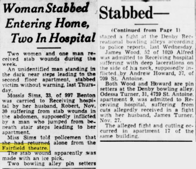 Fairfield Theatre - Dec 1945 Stabbing Incident Mentions Theater